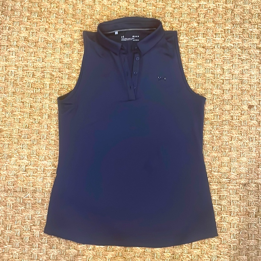 Under armour navy womens sleeveless collared golf/tennis shirt.
